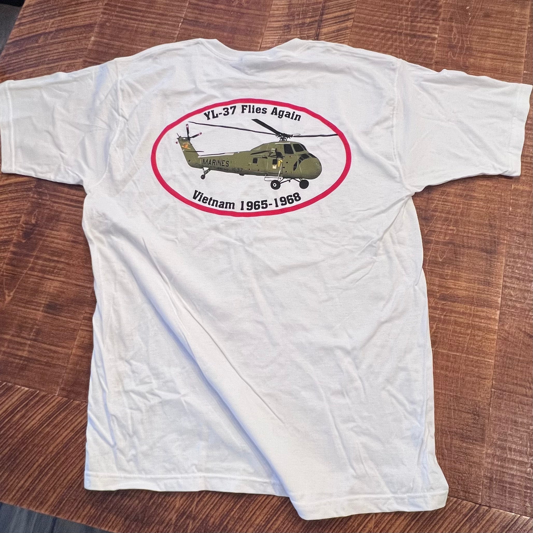 YL-37 “Flies Again” Vintage T-Shirt – White | UH-34 Vietnam Era Tribute