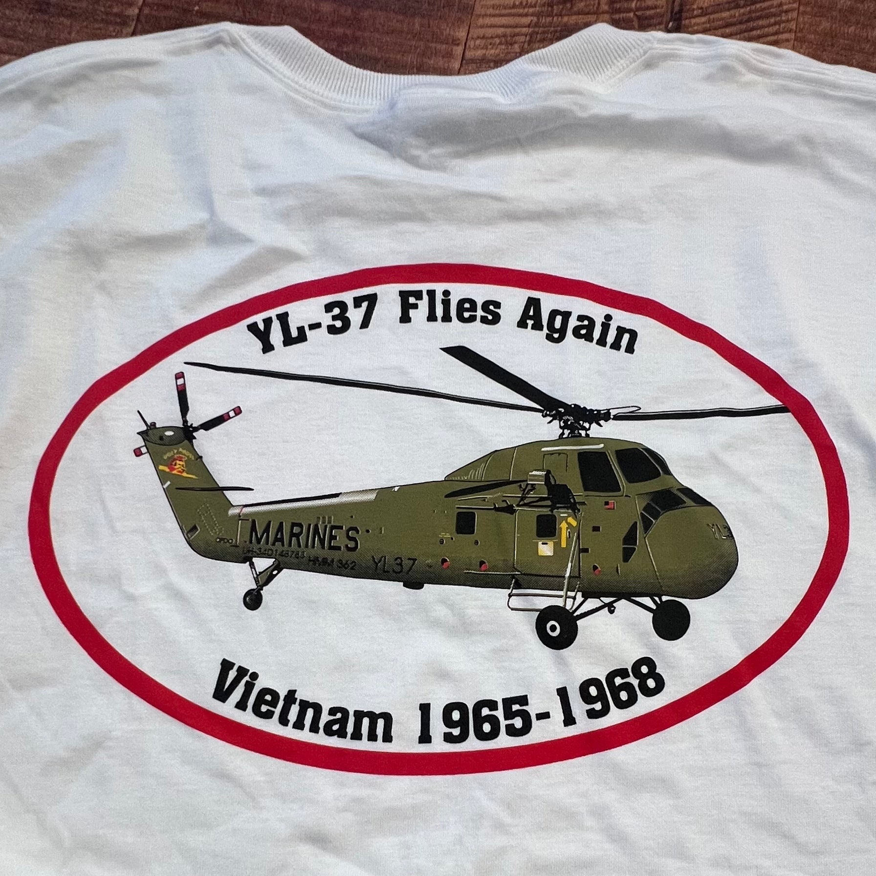 YL-37 “Flies Again” Vintage T-Shirt – White | UH-34 Vietnam Era Tribute